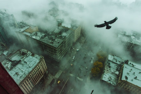 A cityscape reveals misty streets shrouded in fog, with a single bird gliding through the air above, creating a serene yet mysterious atmosphere in the afternoon.の素材