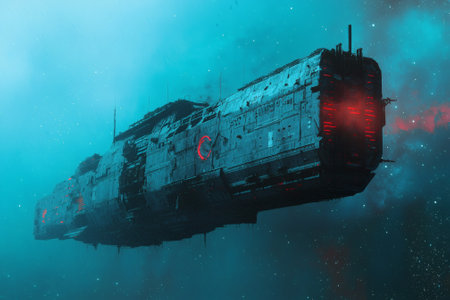 A massive spaceship drifts silently in the depths of space, illuminated by eerie red lights against a backdrop of swirling celestial clouds and distant stars, creating a surreal atmosphere.の素材