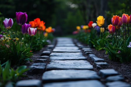A beautiful stone pathway winds through a colorful display of tulips, showing vivid hues of purple, red, and yellow. The dusk light casts a magical glow over this serene spring garden.の素材
