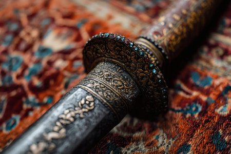 A beautifully detailed sword rests on an ornate rug, showing intricate designs and gems on its hilt, reflecting a rich cultural heritage and craftsmanship from a bygone era.の素材
