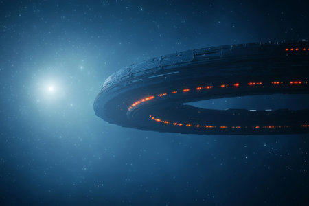 A colossal spacecraft hovers silently in the deep blue expanse of space. Distant stars twinkle around it, with soft orange lights illuminating its circular structure, evoking wonder and curiosity.の素材