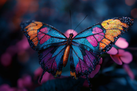 A beautiful butterfly with iridescent blue, pink, and oranges delicately peppers on bright wing flowers in a lush garden. Sunlight filters through, enhancing the colors of nature.の素材
