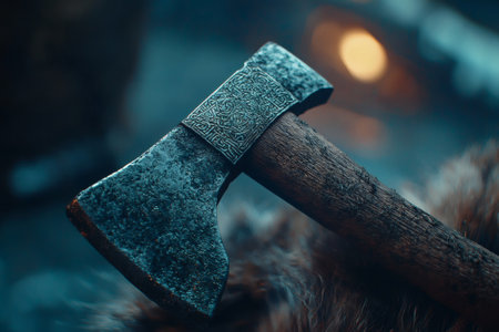 A beautifully crafted ax with intricate designs on the handle lies on a soft fur blanket. The warm glow of a fire flickers softly in the background, creating a serene atmosphere.の素材