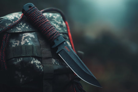 A sharp tactical knife with a dark handle sits confidently atop a rugged backpack, set against a misty forest backdrop. The atmosphere feels intense and adventurous, evoking outdoor exploration.の素材