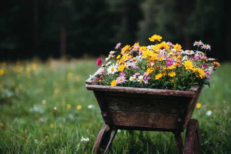 Vibrant blooms of daisies and other wildflowers overflow from an aged wheelbarrow, set against the lush greenery of a serene meadow under soft daylight. A perfect summer moment.の素材