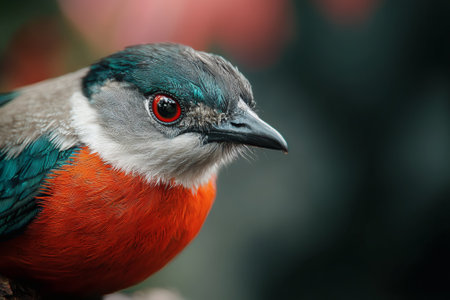 A colorful bird with striking red and blue plumage perches quietly amidst blurred green and vibrant hues. Its focused gaze reflects the beauty of its lush surroundings.の素材
