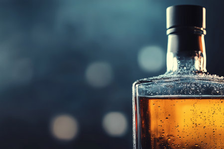 A close view of an elegant whiskey bottle glistening with condensation, set against a softly blurred backdrop, showcasing the rich amber liquid inside. The atmosphere exudes warmth and sophistication.の素材