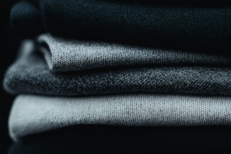 A cozy arrangement of soft fabrics sits in a pleasing stack. Various shades of gray and black create a calming visual, perfect for autumn or winter wear.の素材