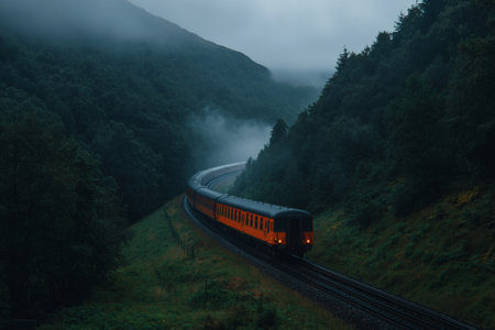 A vibrant train winds through dense green hills shrouded in morning mist. The rails glisten while the tranquil landscape creates a serene atmosphere perfect for exploration.の素材