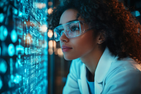In a high-tech lab, a dedicated scientist in a lab coat and protective glasses gazes intently at glowing data projections, contemplating breakthroughs in technology and research.の素材