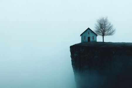 A quaint blue house stands alone on the edge of a steep cliff, surrounded by dense fog and a solitary tree. The atmosphere feels surreal and dreamlike, evoking a sense of wonder and isolation.の素材