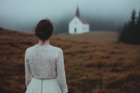 A woman in a vintage white dress stands in a foggy meadow, gazing at a quaint chapel on the horizon. The serene atmosphere evokes a sense of wonder and nostalgia in nature.の素材