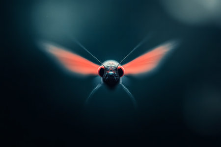 A luminous insect with striking red wings hovers against a soft, dark backdrop. Its delicate features are highlighted, capturing the essence of evening magic in nature.の素材