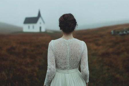 Adorned in a delicate bridal gown, a woman strolls through fog-laden fields toward a quaint chapel, evoking a sense of intrigue and tranquility in the quiet landscape.の素材
