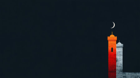 A striking minaret rises against a dark night sky, painting a blend of warm orange and cool gray. The crescent moon adds a touch of serenity to this beautiful Moroccan landmark.の素材