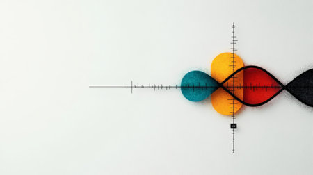 A conceptual portrayal presents blue, yellow, red, and black shapes intersected by a sinuous line, all precisely aligned within the crosshairs of a targeting reticle against a bright background.の素材