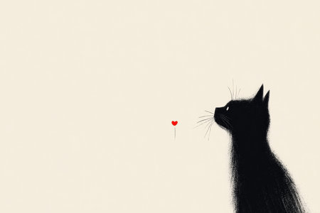 A black cat watches a tiny red heart float by, evoking whimsy and love.の素材