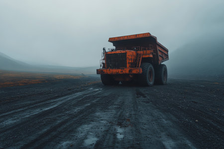 A massive dump truck stands alone on a bleak, rocky terrain shrouded in fog during early morning.の素材