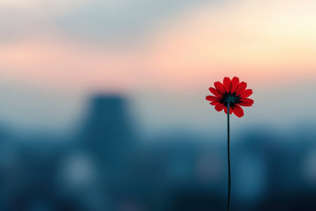 In a tranquil moment, a striking red flower emerges from a blurred cityscape as the twilight sky transitions into shades of soft pink and blue. Nature holds its ground amid urbanity.の素材