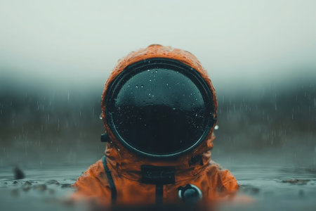 Amidst a heavy downpour, an astronaut stands in a shallow pool of water, clad in an orange suit, blending the boundaries of space and Earth in a captivating moment.の素材