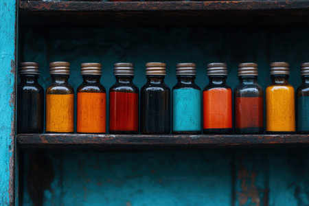 Brightly colored bottles in various shades sit neatly on a weathered wooden shelf, creating an inspiring display of creativity and craftsmanship. Each bottle tells a story through its vivid color.の素材