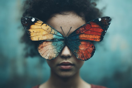 A young person stands in soft dawn light, adorned with striking butterfly wings across their face.の素材