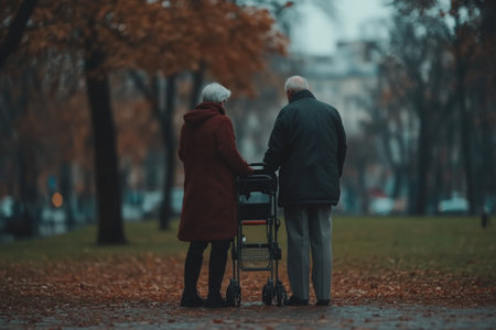 Two elderly individuals, one in a red coat and the other in a dark overcoat, stand together in a tranquil park.の素材
