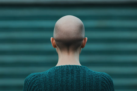 A person with a shaved head stands against a teal textured wall, deep in thought. They wear a cozy knit sweater, embodying a moment of introspection as city lights begin to twinkle.の素材