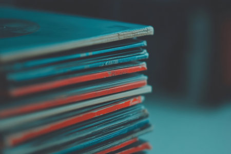 A collection of vintage vinyl records stacked with care, illuminated by soft lighting for a serene and nostalgic ambiance.の素材