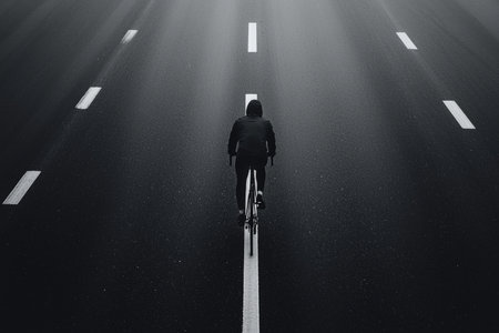 A solitary cyclist rides along a dimly lit, empty road during early morning hours, enveloped in a tranquil atmosphere.の素材