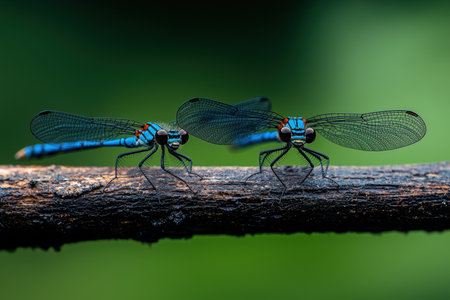 Dragonflies perch on a branch, their bright blue colors contrasting with lush green, showing nature's beauty.の素材