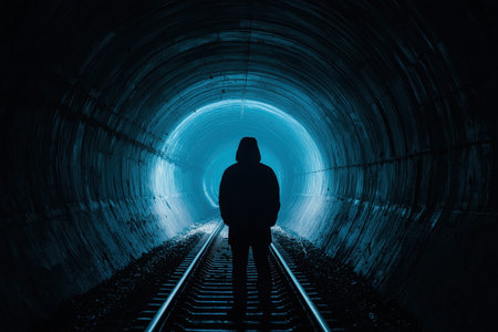 A lone figure, cloaked in darkness, waits at the mouth of a glowing tunnel, evoking feelings of intrigue and solitude.の素材
