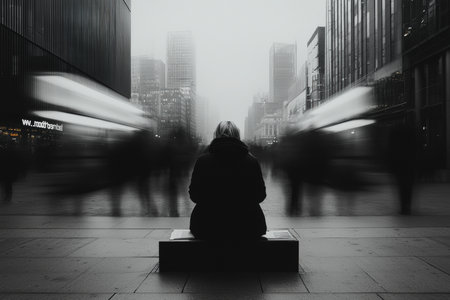 A lone person sits on a bench, surrounded by blurred figures in motion, enveloped by a foggy cityscape at dusk.の素材