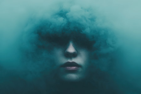 A hauntingly beautiful figure appears amidst ethereal fog, creating an otherworldly atmosphere filled with intrigue and emotion.の素材