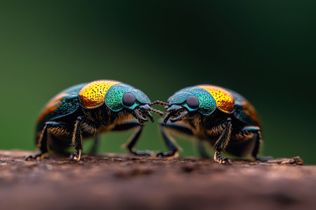 Two vividly colored beetles faces each other atop a mossy log, showing nature's intricate details in a lush forest backdrop.の素材