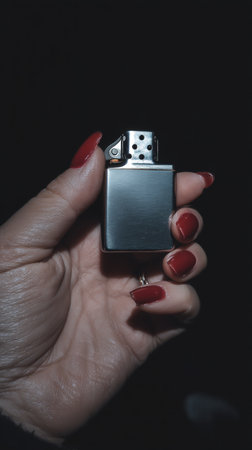 A hand with striking red nail polish grips a silver lighter, showing a sense of style and mystery, captured in a low-light environment at night.の素材