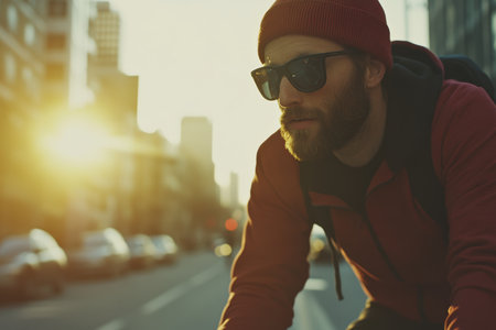 A man in a red hoodie and sunglasses cycles along a city street during sunset, enjoying the moment.の素材