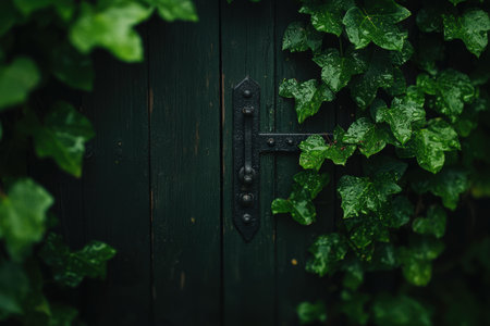 Lush green ivy envelops a dark wooden door, glistening with rain in a tranquil garden.の素材