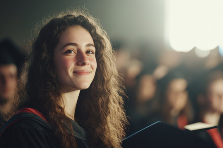 Young woman with curly hair smiles proudly while attending graduation ceremony surrounded by peers.の素材