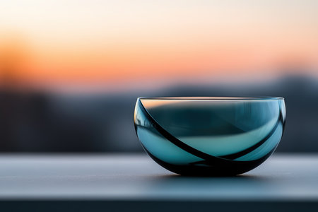 A glass bowl stands gracefully on a surface as the sun sets, casting warm colors in the background.の素材