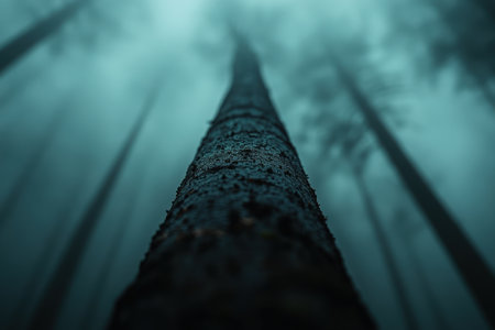 A tall tree stands prominently in a misty forest, surrounded by shadowy silhouettes of other trees.の素材