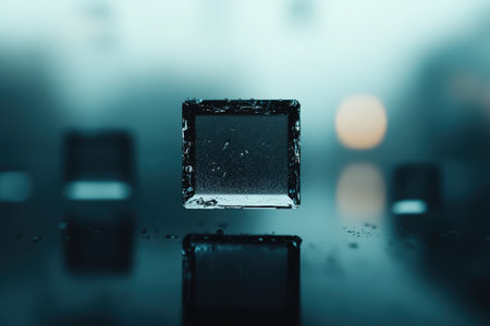 A single ice cube rests on a shiny surface, surrounded by a dreamy, blurred atmosphere.の素材