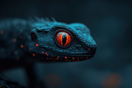 A striking lizard displays a vividly colored eye in a dark, moody environment.の素材
