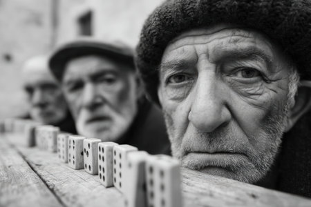 Three elderly men intently focus on a game of dominoes at a table in an outdoor setting.の素材