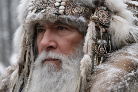 An elderly man in fur clothing stands in a snowy forest, his long gray beard blowing.の素材