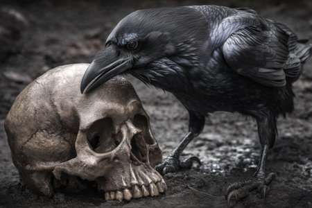A raven inspects a human skull resting in a gloomy, shadowy environment at dusk.の素材
