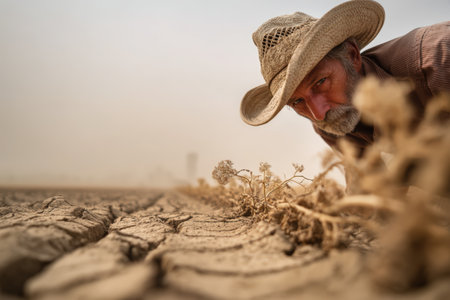 A farmer examines dry, cracked earth in a field, highlighting the impact of drought on crops.の素材