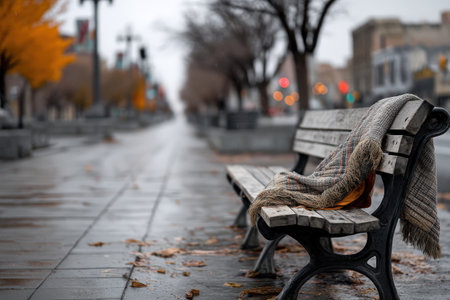A solitary park bench in a quiet city street showcases a cozy blanket, surrounded by fallen leaves.の素材