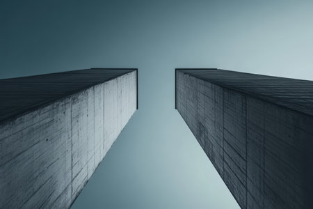 Looking upward at two tall concrete pillars against a pale sky, evoking a sense of awe.の素材