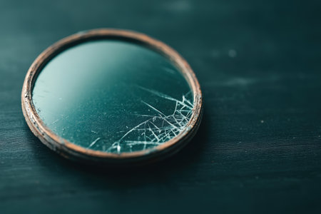 A circular mirror with cracks lays on a dark wooden surface, reflecting muted light.の素材